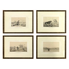 20th Century Set of Four French Hunting Theme Engravings on a Paper