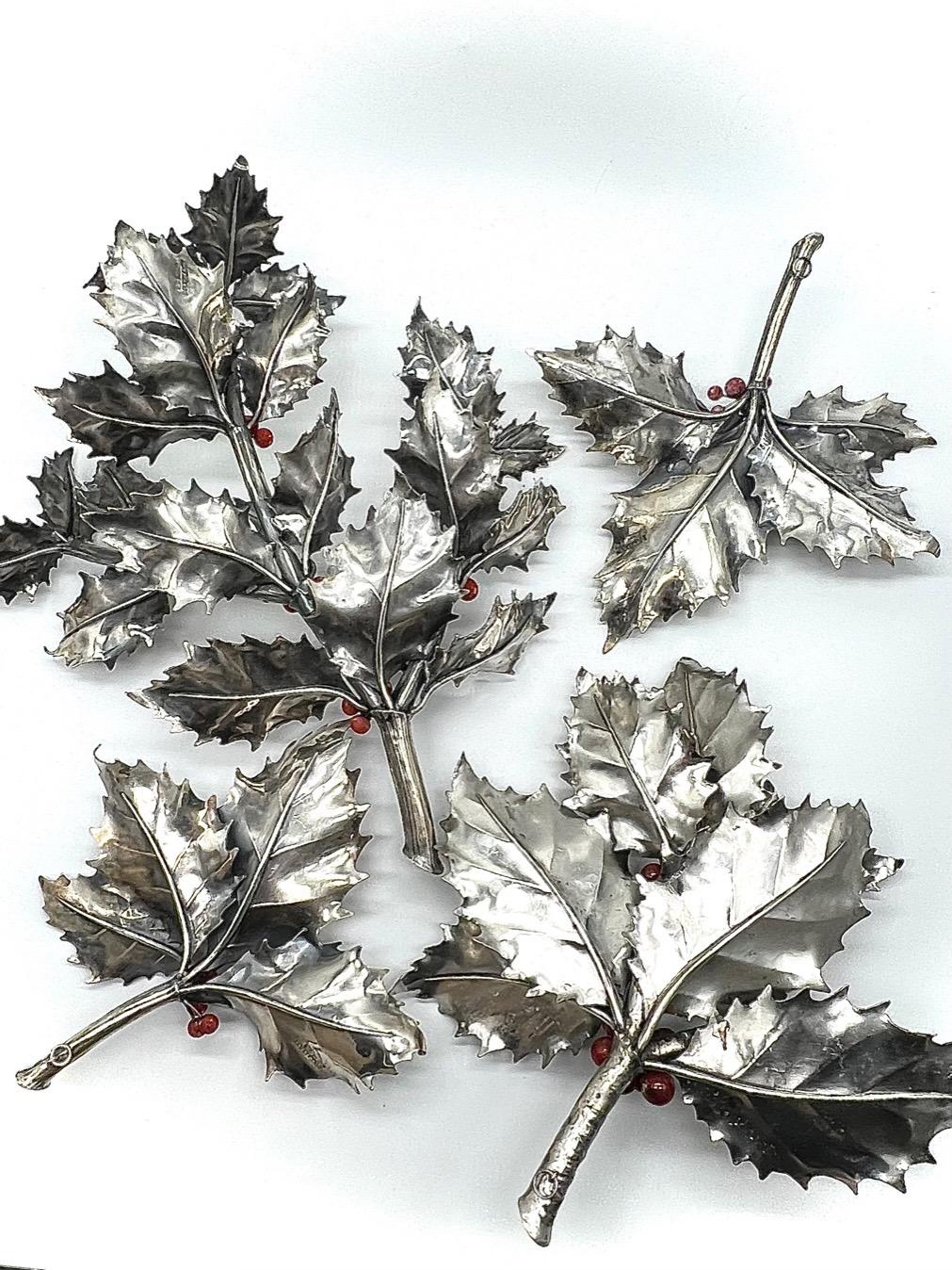 Buccellati 20th Century Set of Four Italian Holly Branches Christmas Ornament 1