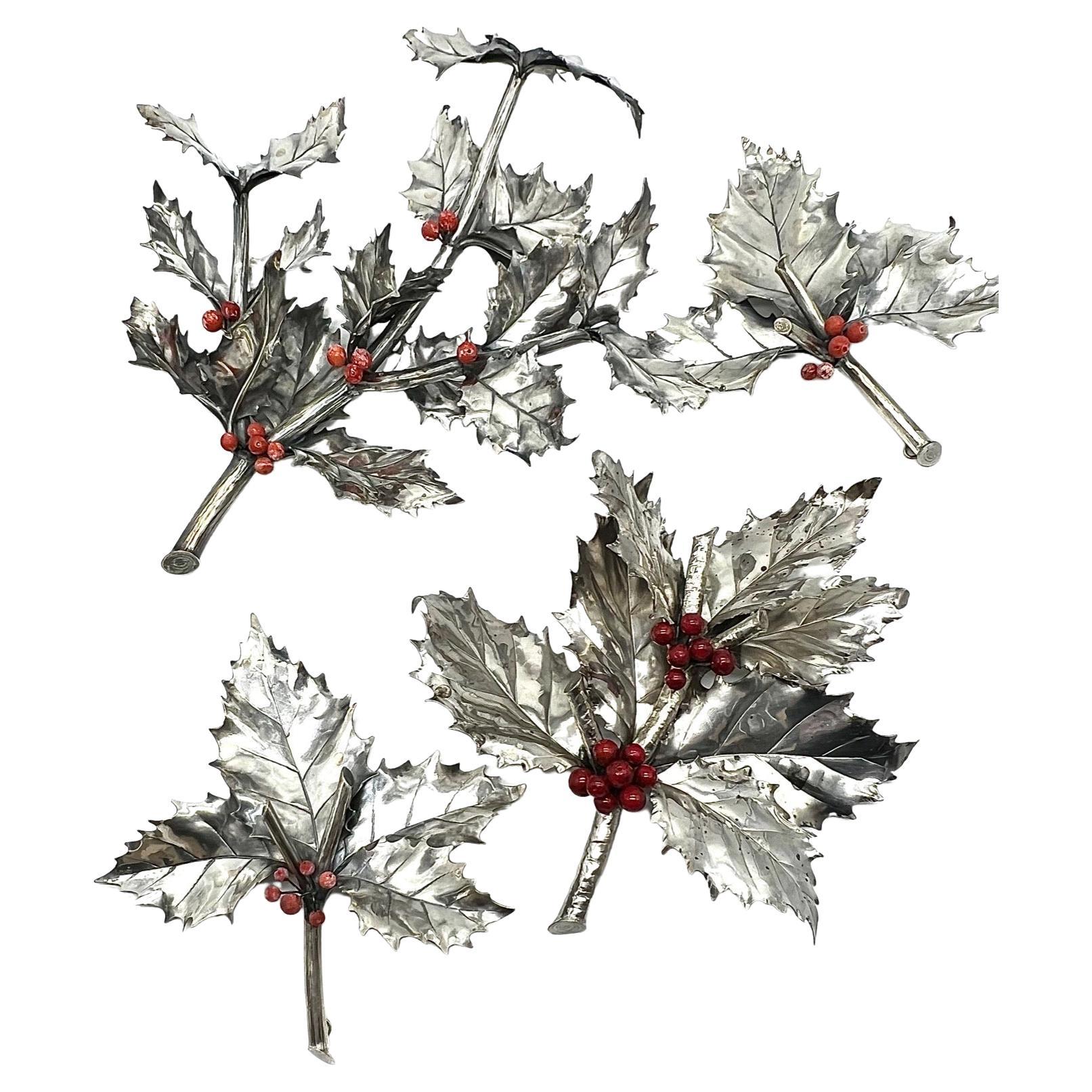 Buccellati 20th Century Set of Four Italian Holly Branches Christmas Ornament