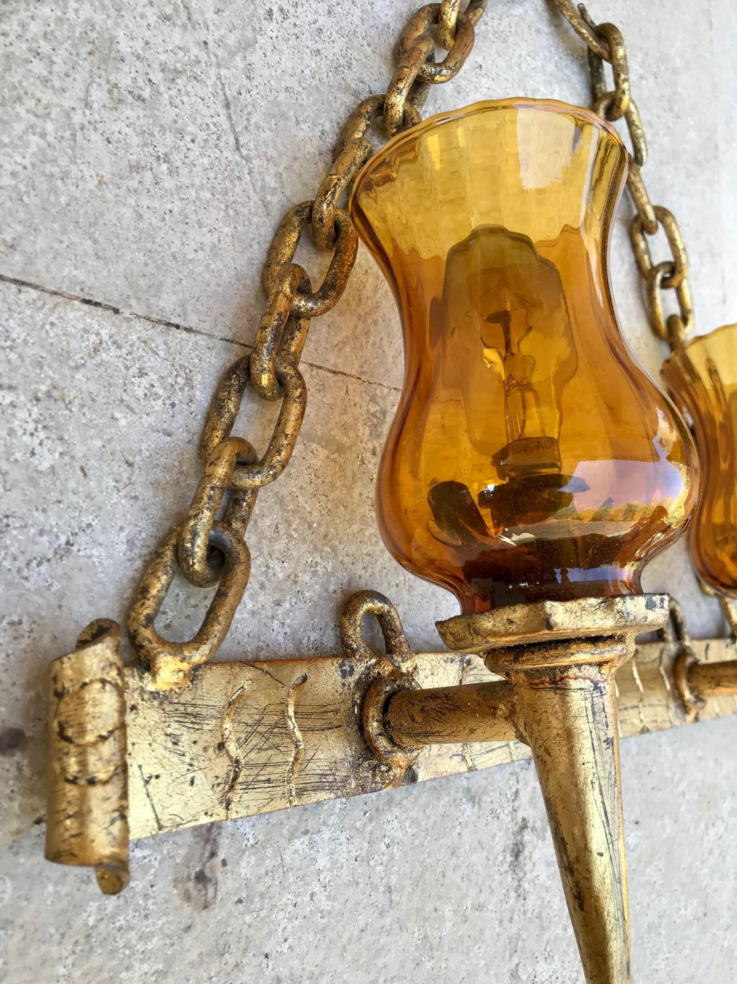 20th Century Set of French Decorative Gilt Wrought Iron Sconces For Sale 6