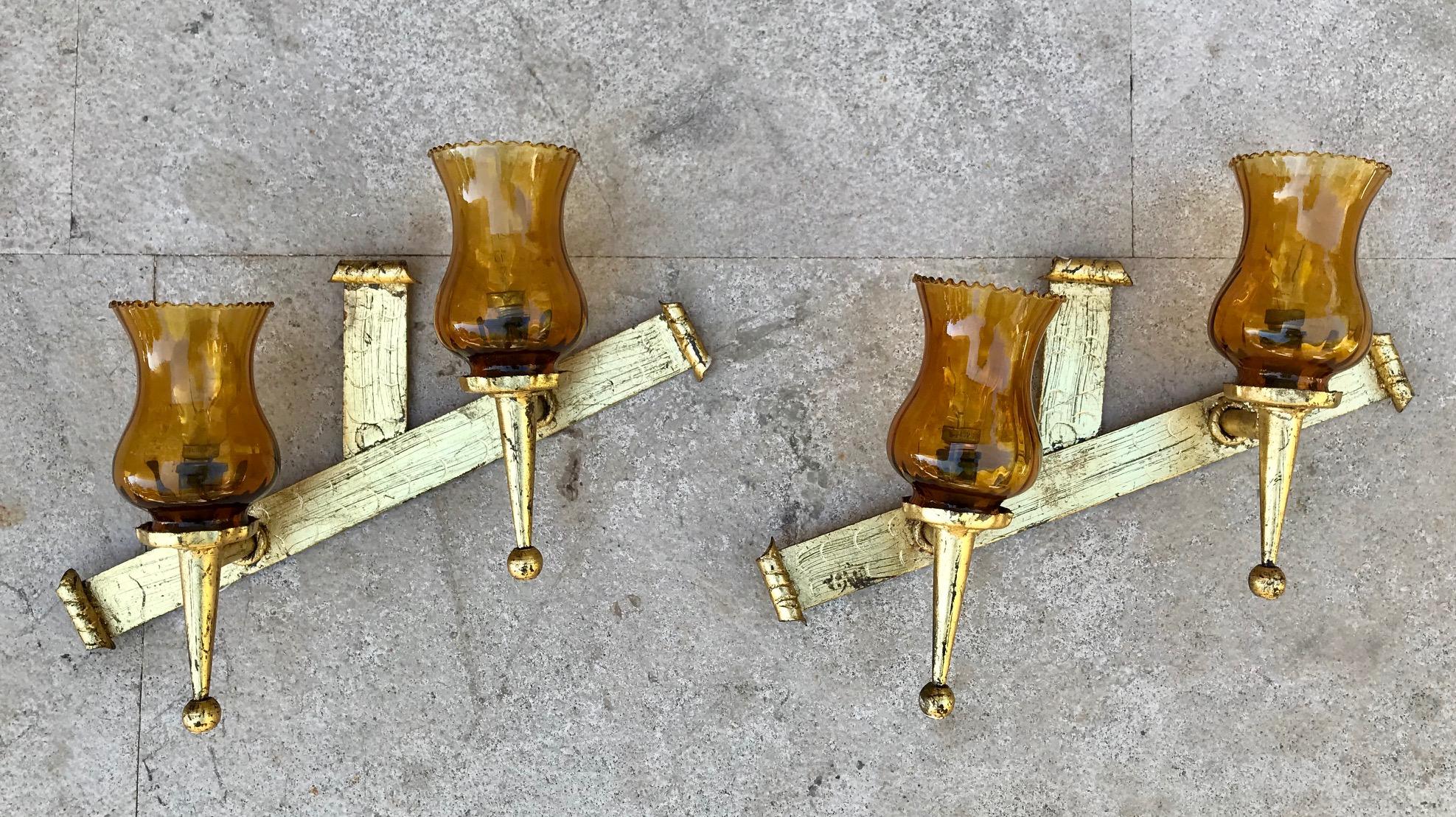 French Provincial 20th Century Set of French Decorative Gilt Wrought Iron Sconces For Sale