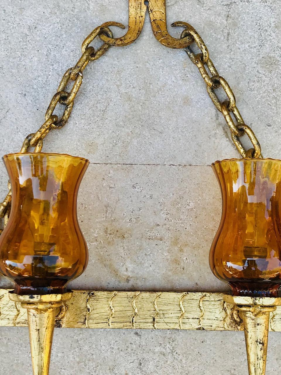 20th Century Set of French Decorative Gilt Wrought Iron Sconces In Good Condition For Sale In Miami, FL