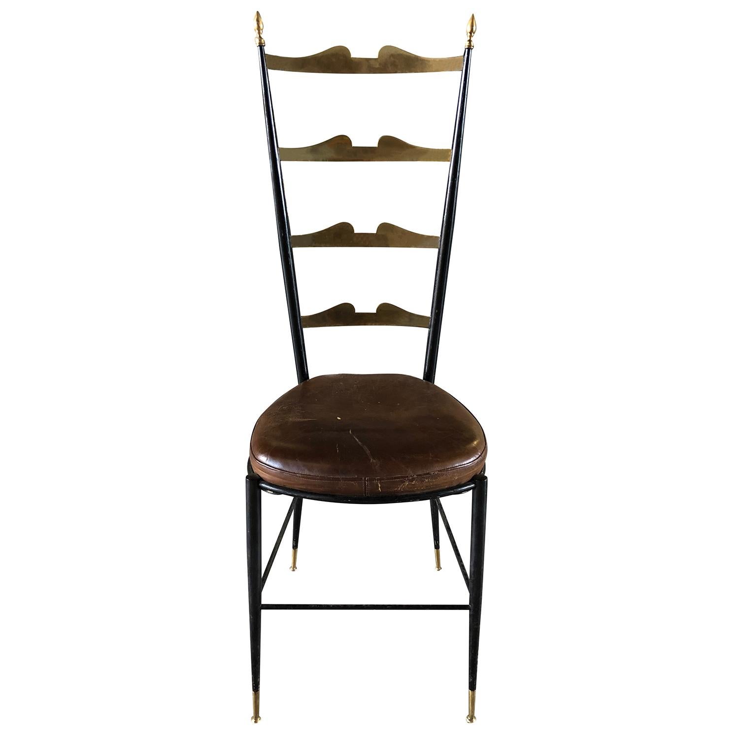 Pair of Paolo Buffa high back side chairs designed for Marelli and Collico, Italy with metal frame brass backrest and brass feet. Very sculptural design. Wear consistent with age and use, circa 1950, Italy.

Measures: Seat height 21?

Seat depth