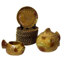 20th century Set of Sarreguemines Ceramic Fish Serveware, 1950s