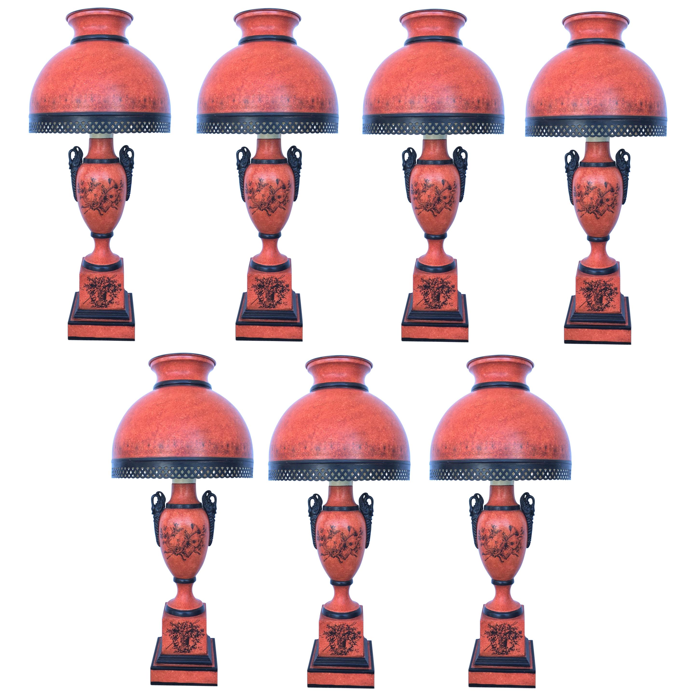 Set von sieben roten Sang-de-Boeuf-Tischlampen mit Ornamentmotiven aus dem 20. Jahrhundert