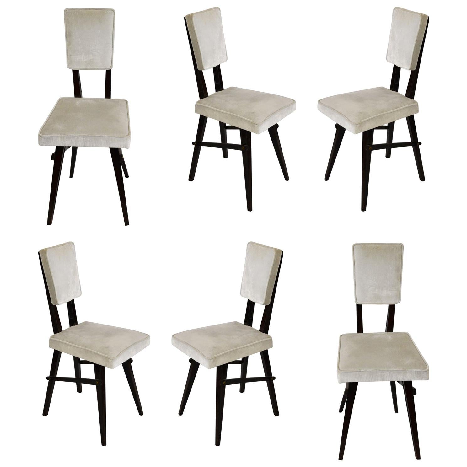 20th Century Set of Six Chairs in the Style of Turin School in Wood and Velvet