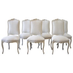20th Century Set of Six Painted French Provincial Dining Chairs in Belgian Linen