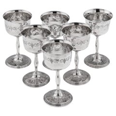 Vintage 20th Century Set Of Six Solid Silver Wine Goblets By Cavalier, England c.1970s