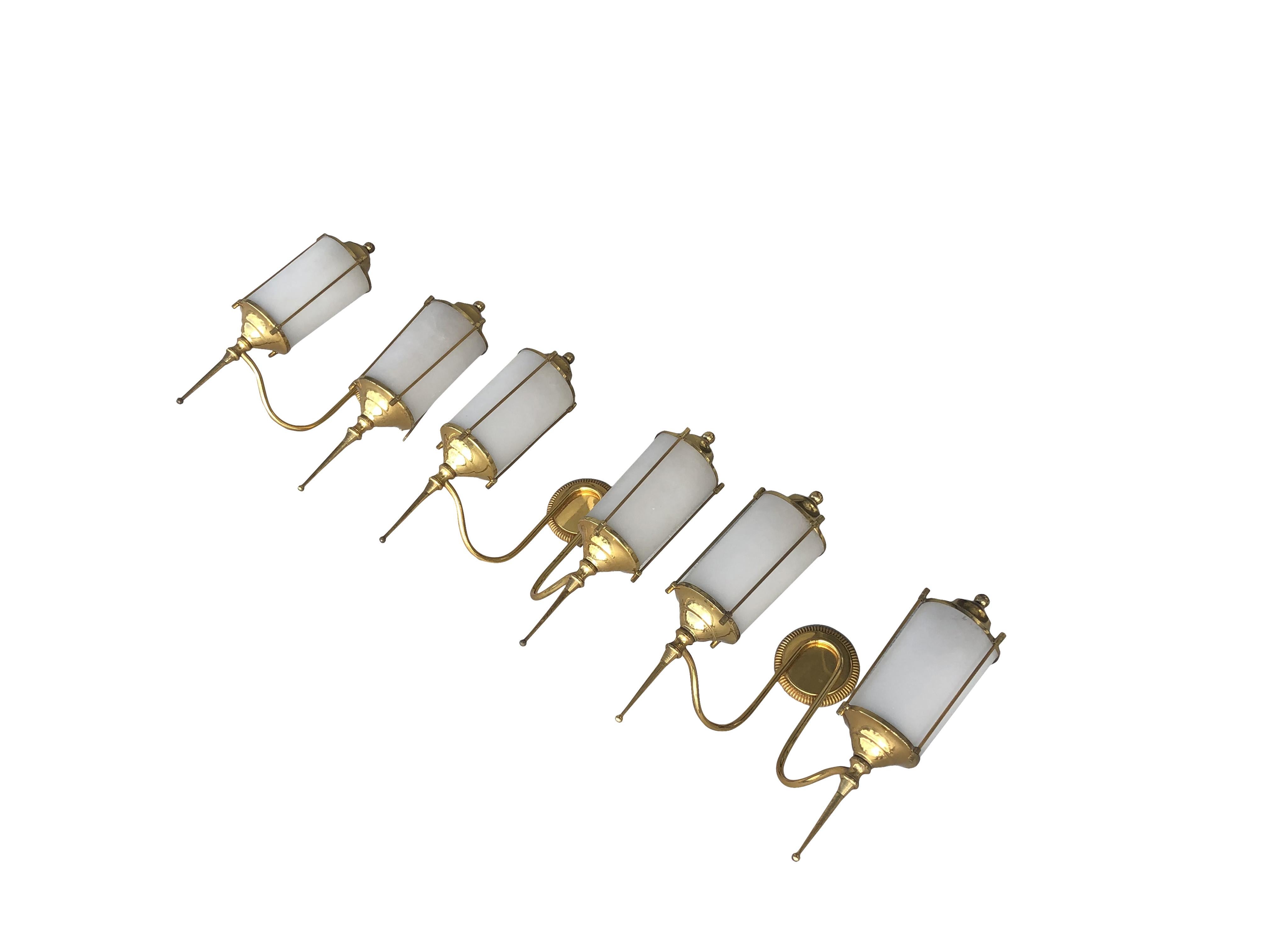 Mid-Century Modern 20th Century Set of Three Double Light Appliqués, Italian Brass Wall Sconces For Sale