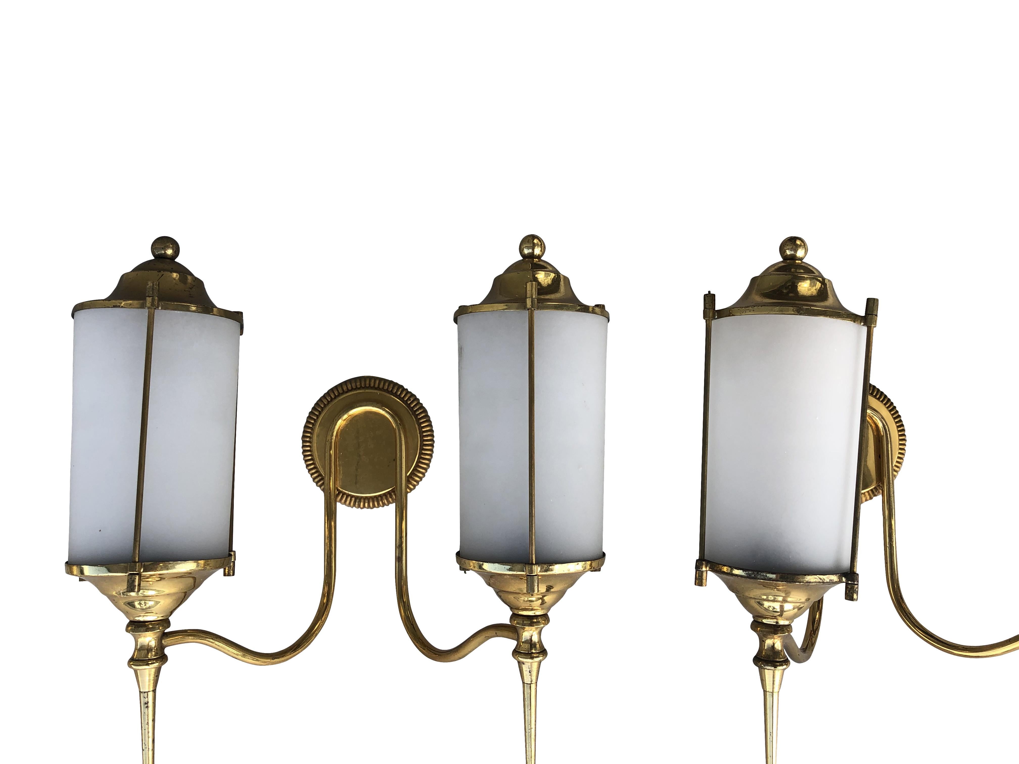 Frosted 20th Century Set of Three Double Light Appliqués, Italian Brass Wall Sconces For Sale