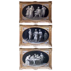 Set of Three Italian Grisaille Black Grey Genre Scenes Neoclassical Style 1930s 