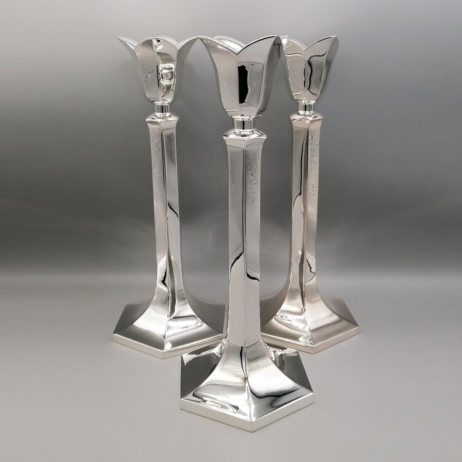 Other 20th century Set of Three Italian Silver Exagonal  Candlesticks.  For Sale