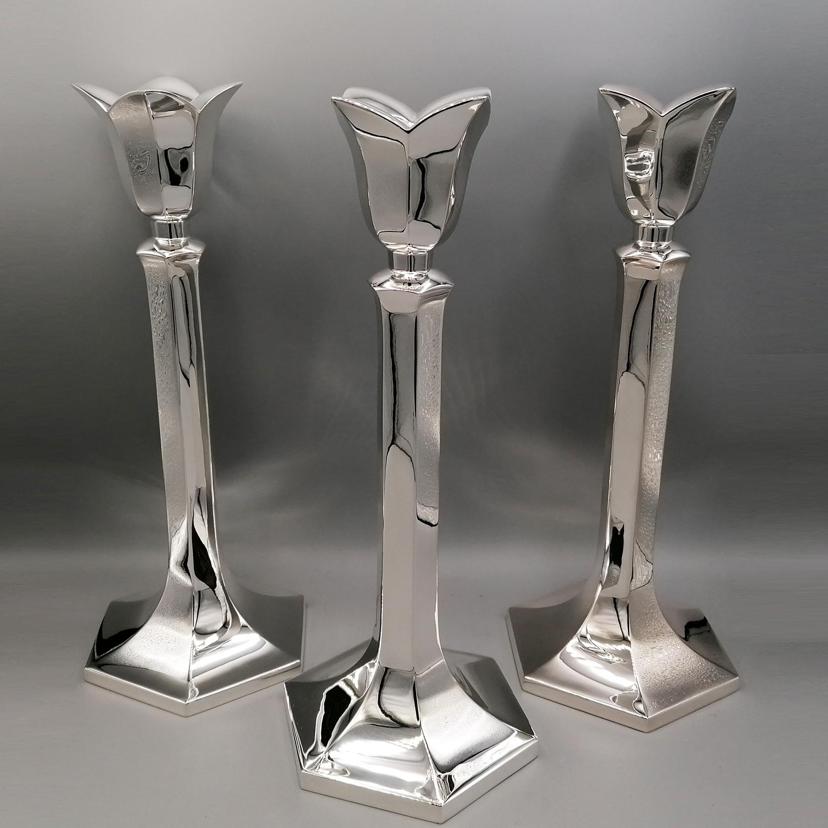 Hand-Crafted 20th century Set of Three Italian Silver Exagonal  Candlesticks.  For Sale