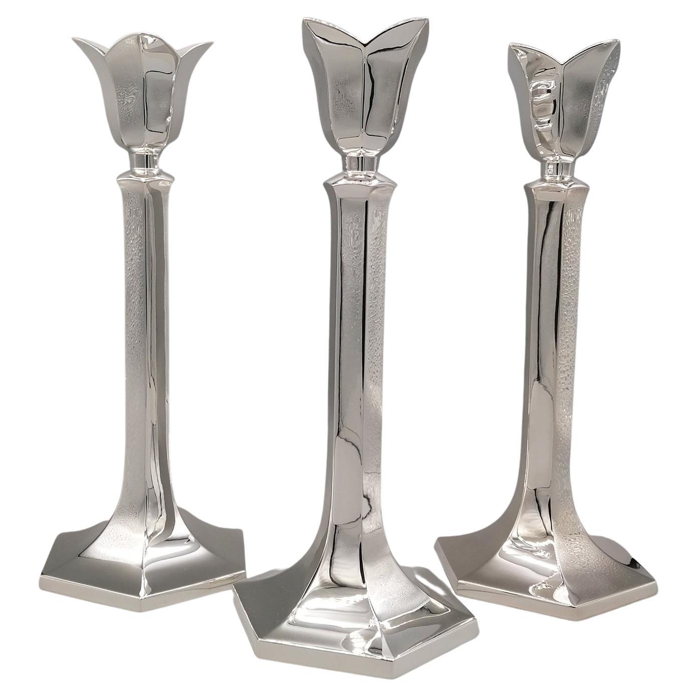 20th century Set of Three Italian Silver Exagonal  Candlesticks.  For Sale
