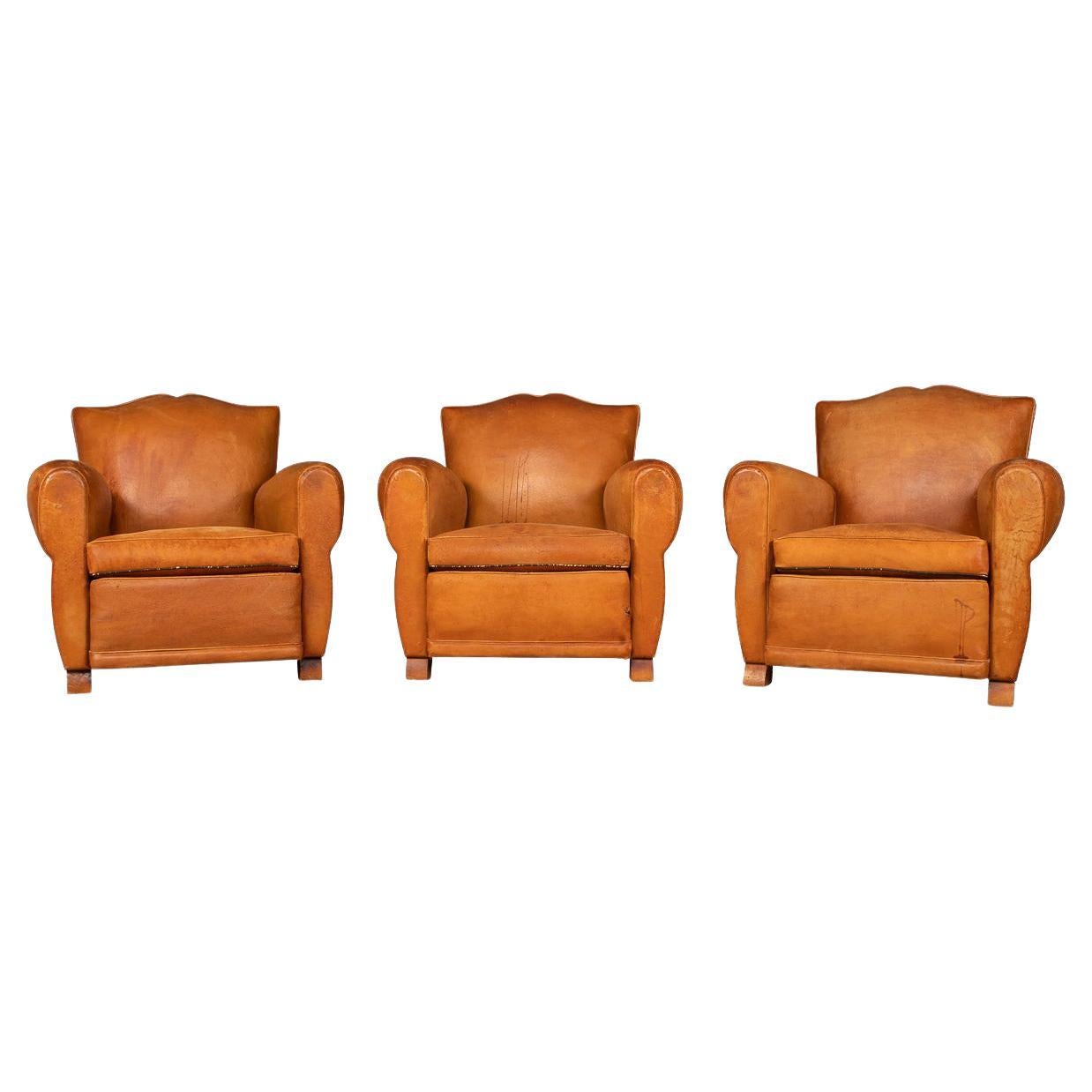 20th Century Set of Three of French Sheepskin Leather Armchairs