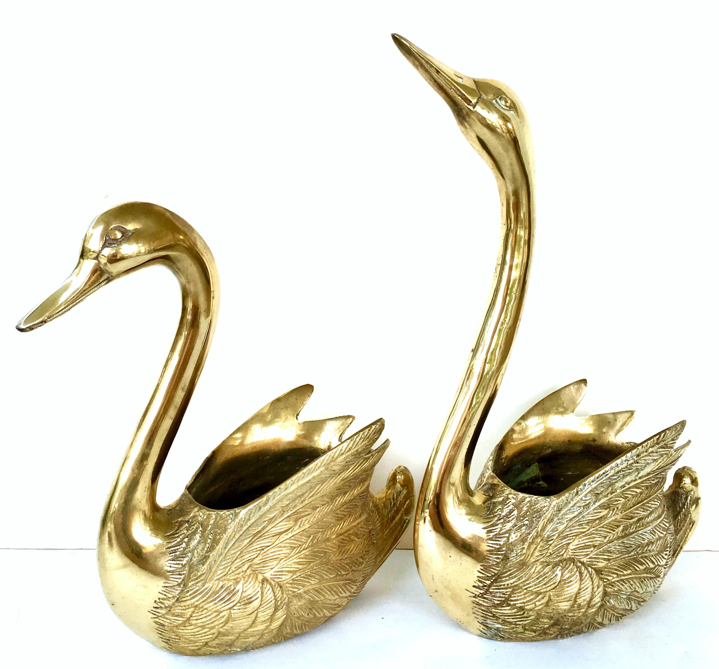 Hollywood Regency 20th Century Set of Two Gilt Brass Etched Swan Cachepot Planter's