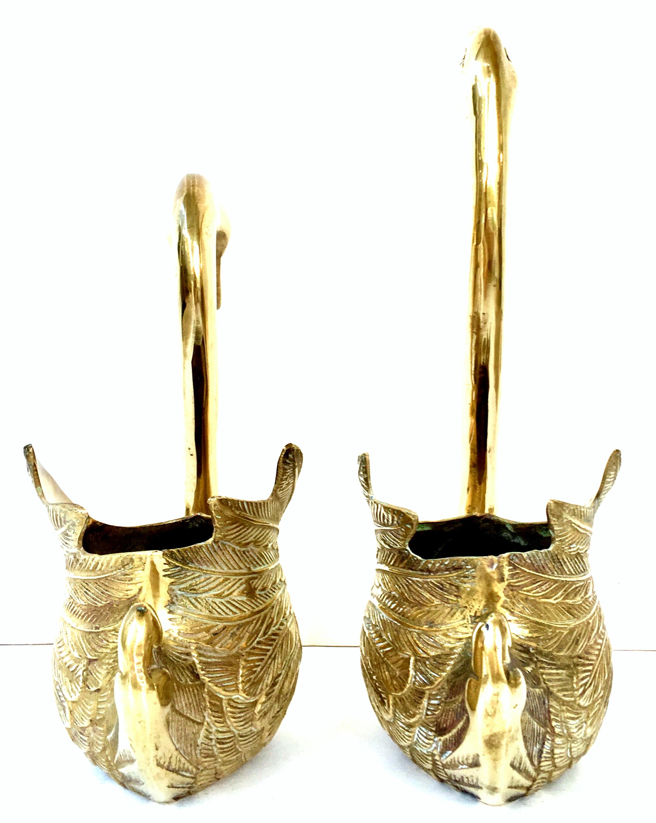 20th Century Set of Two Gilt Brass Etched Swan Cachepot Planter's 1