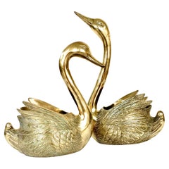 20th Century Set of Two Gilt Brass Etched Swan Cachepot Planter's