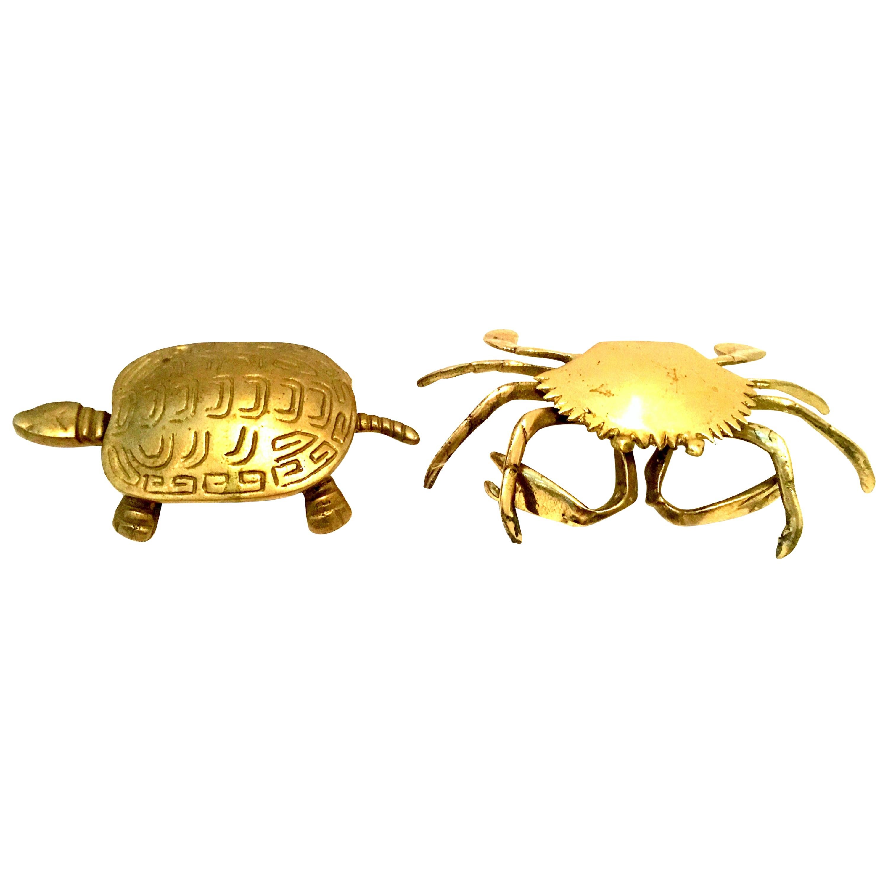 20th Century Set of Two Solid Brass Turtle and Crab Hinge Boxes