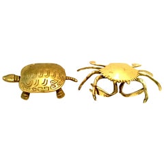 Vintage 20th Century Set of Two Solid Brass Turtle and Crab Hinge Boxes
