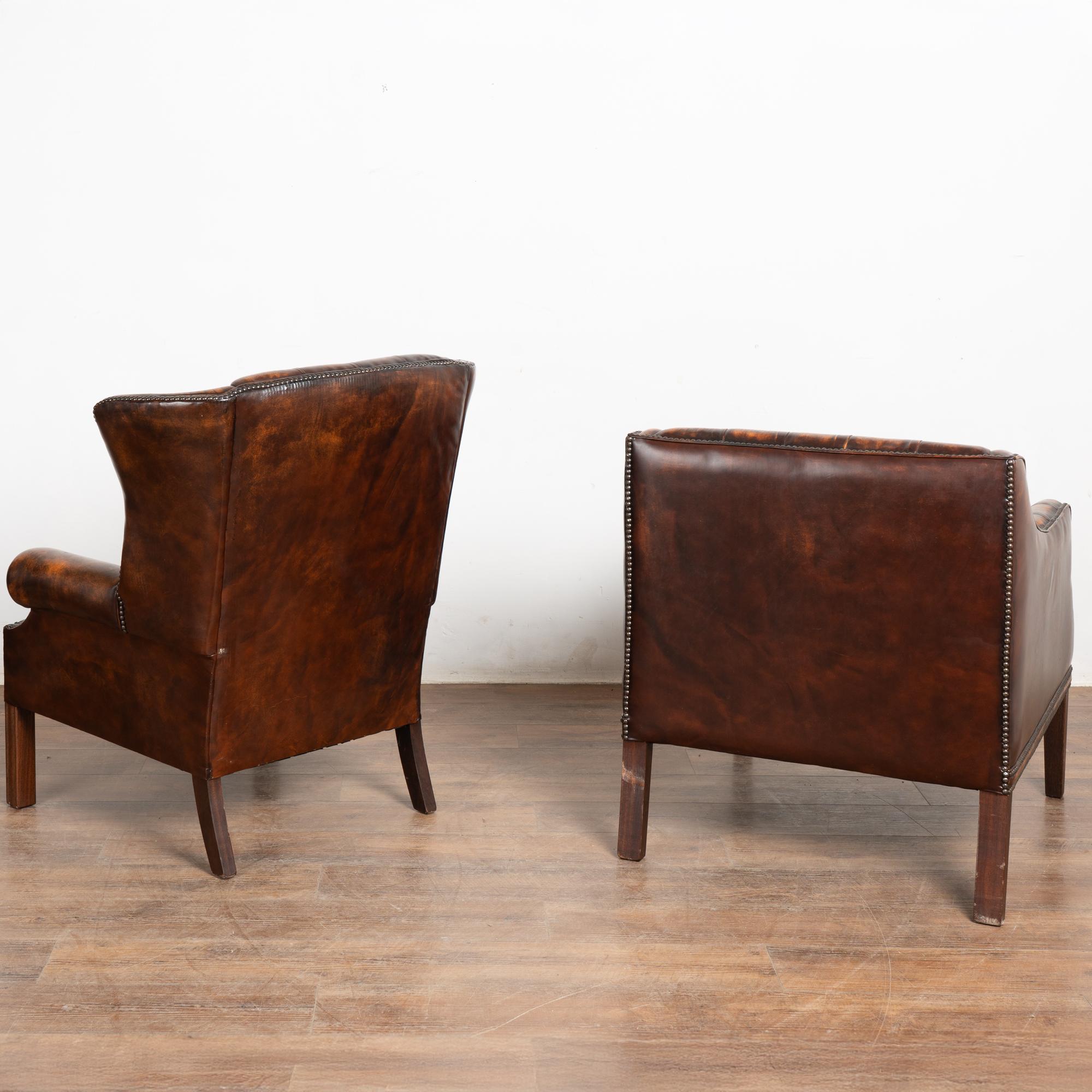20th Century Set of Vintage Leather Chesterfield Loveseat, Wingback & Club Chair For Sale 8