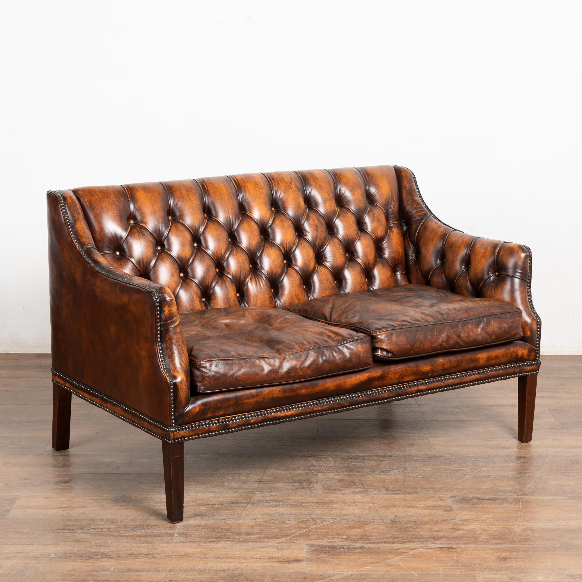 Danish 20th Century Set of Vintage Leather Chesterfield Loveseat, Wingback & Club Chair For Sale