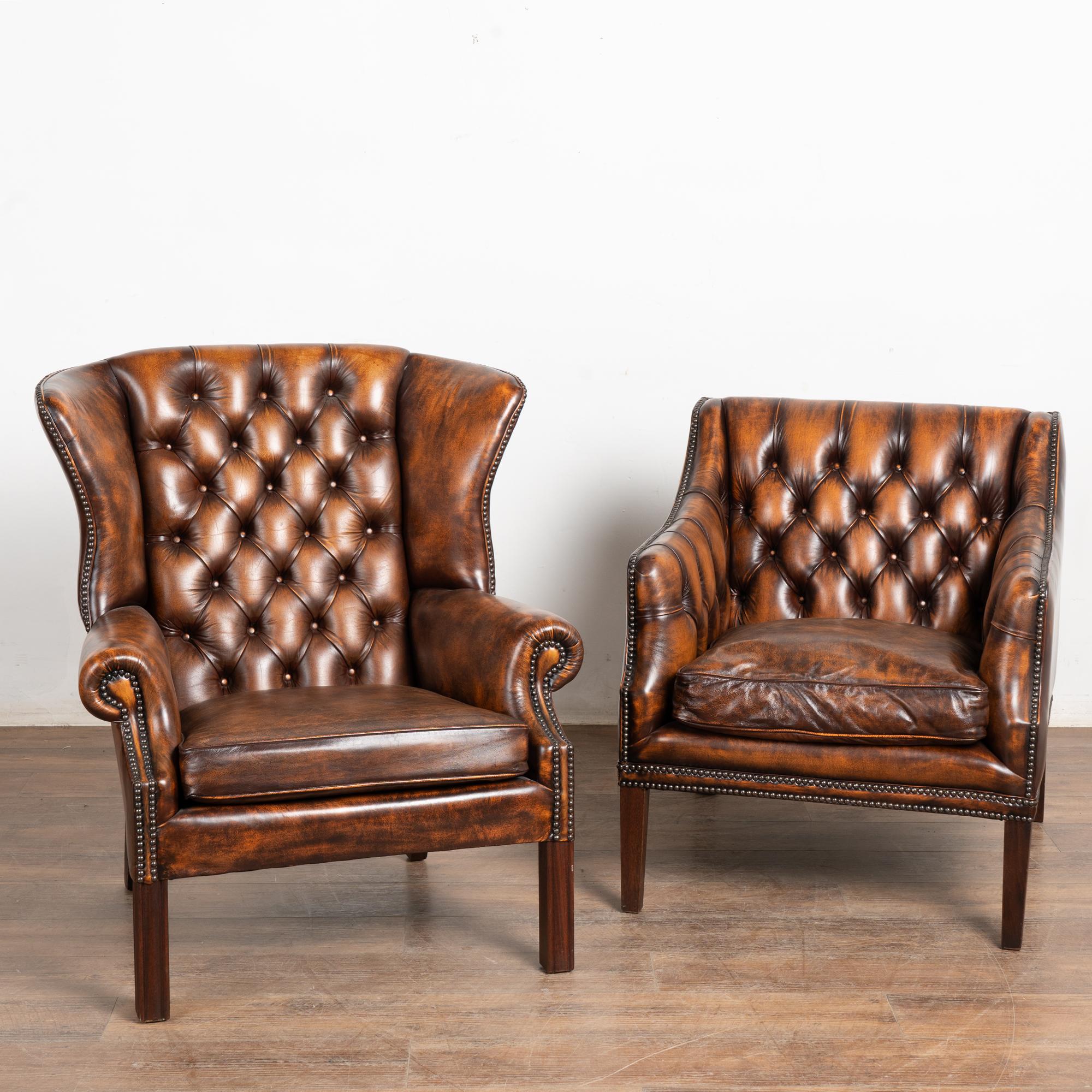 20th Century Set of Vintage Leather Chesterfield Loveseat, Wingback & Club Chair In Good Condition For Sale In Round Top, TX
