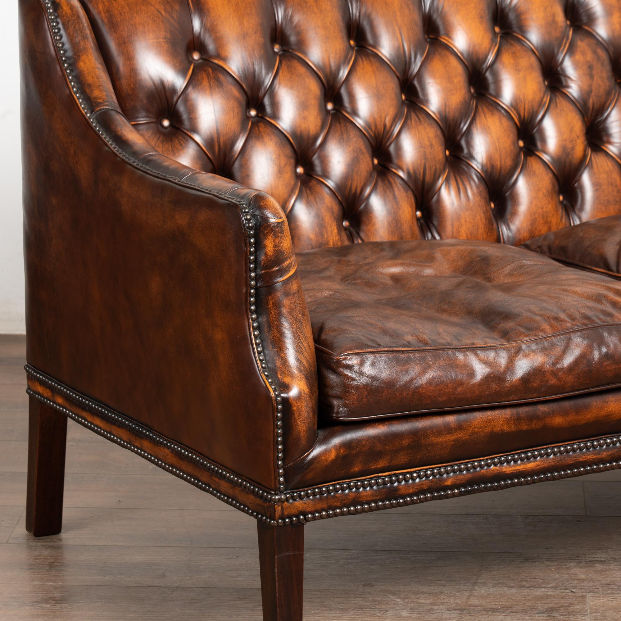 Brass 20th Century Set of Vintage Leather Chesterfield Loveseat, Wingback & Club Chair For Sale