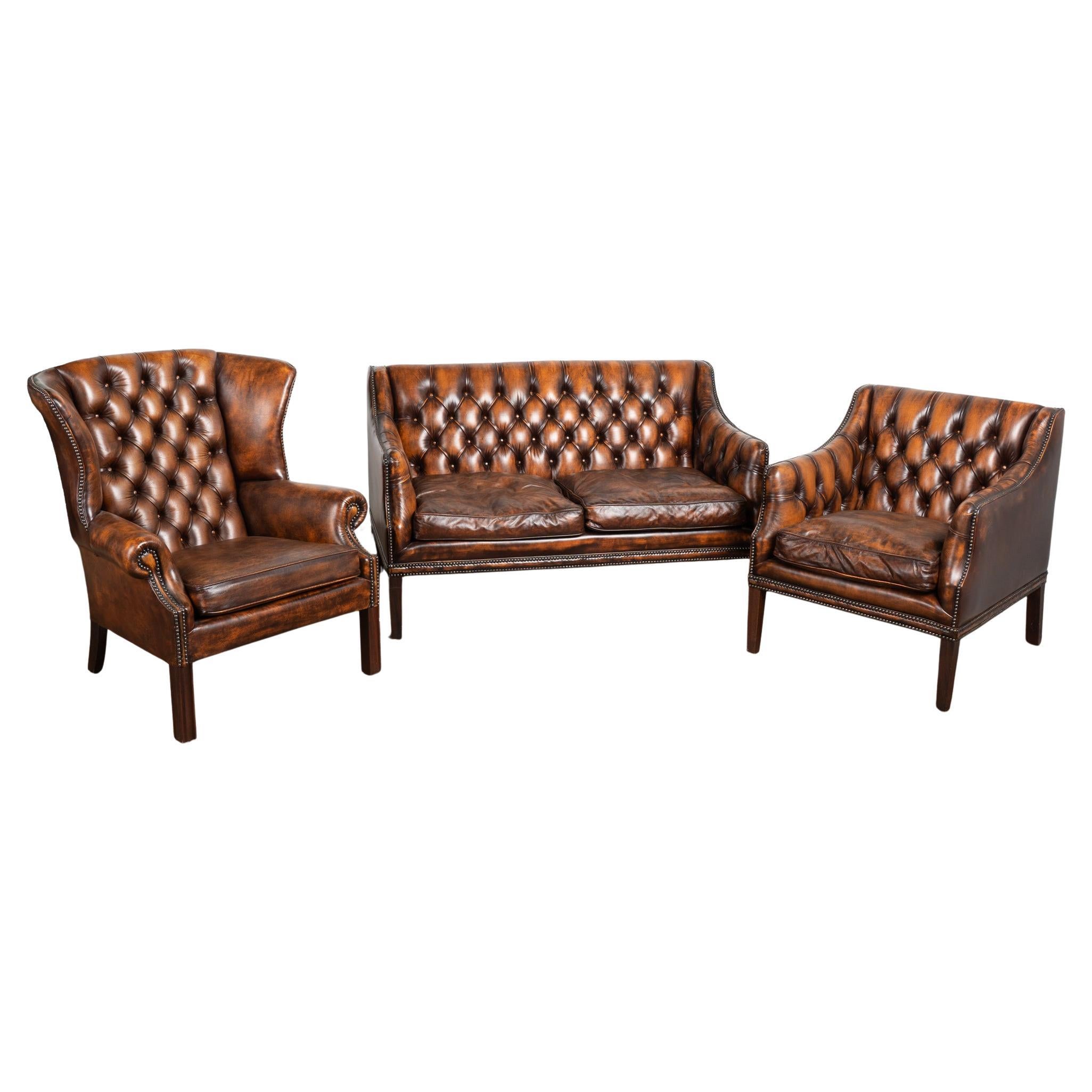 20th Century Set of Vintage Leather Chesterfield Loveseat, Wingback & Club Chair For Sale