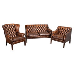 20th Century Set of Vintage Leather Chesterfield Loveseat, Wingback & Club Chair
