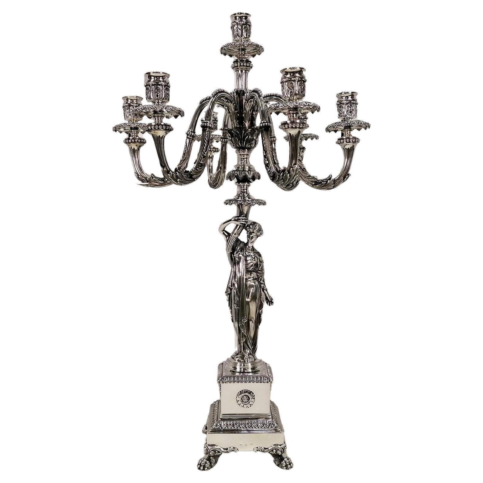 20ème siècle Sept Lights Italian Solid Silver Candelabra Empire revival en vente