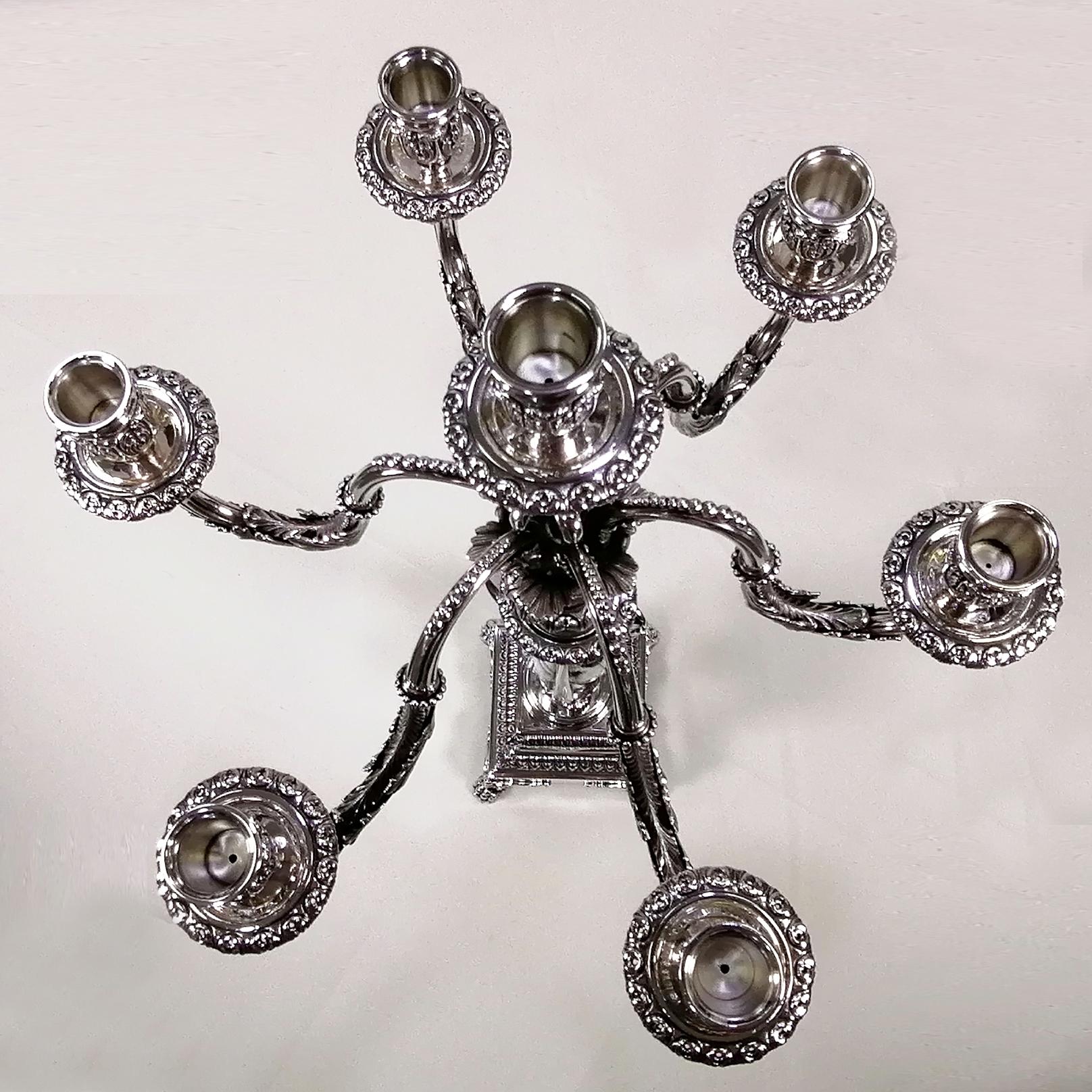 20ème siècle Sept Lights Italian Solid Silver Candelabra Empire revival en vente 3