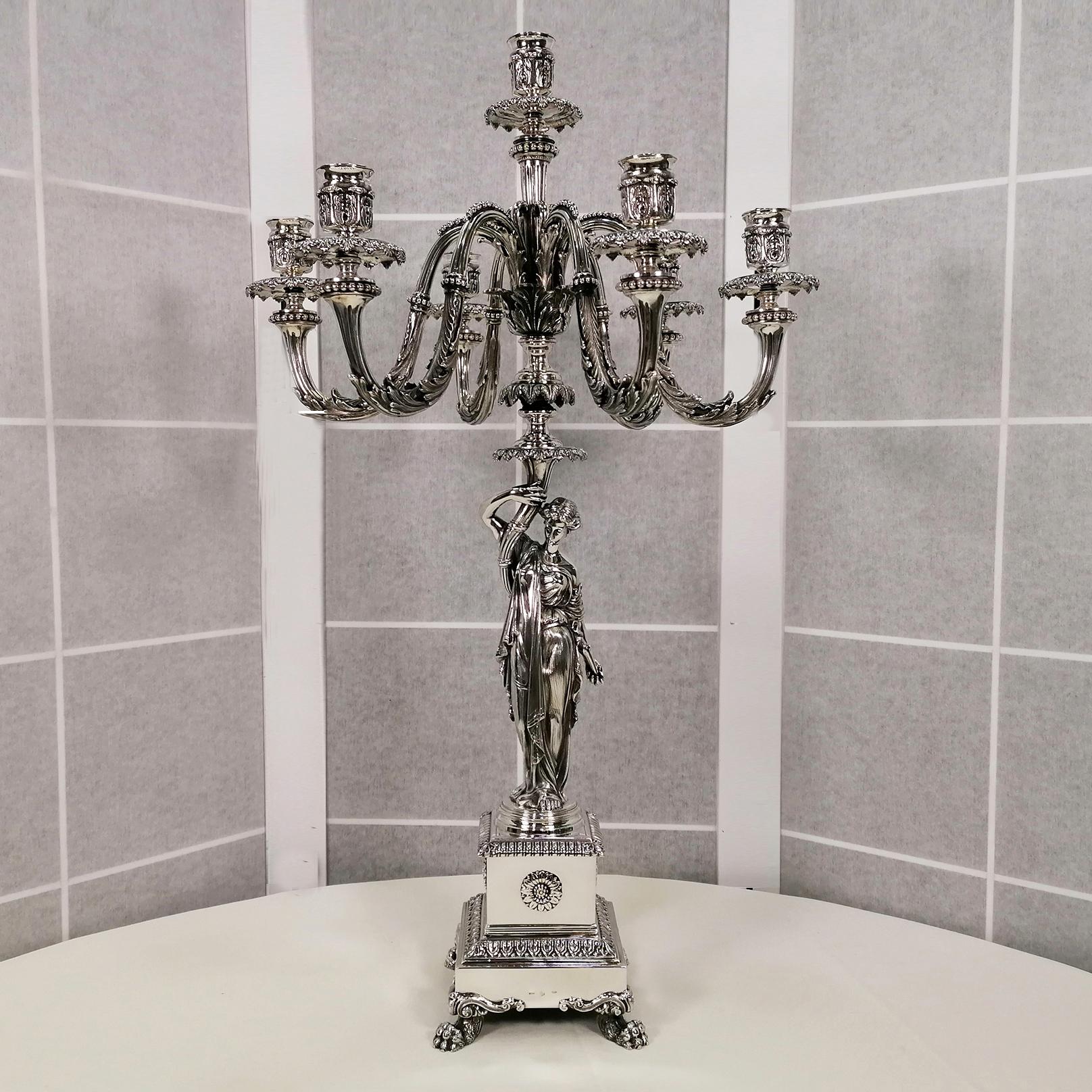 20th Century Seven Lights Italian Solid Silver Candelabra Empire revival In Excellent Condition For Sale In VALENZA, IT