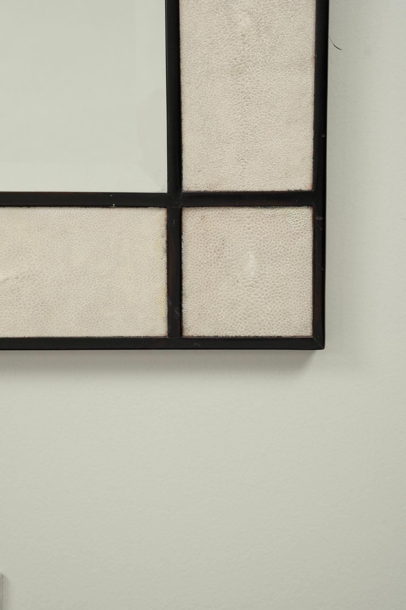 Beveled 1970s Black White Shagreen Mirror For Sale