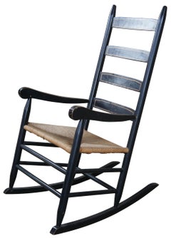 20th Century Shaker Style Farmhouse Ladderback Rocking Chair Rush Seat Black