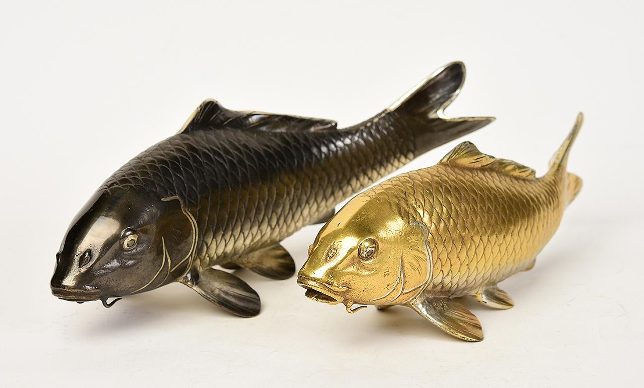 A pair of Japanese bronze koi carp fish with artist sign.

Age: Japan, Showa Period, 20th Century
Size: Length 24 - 25.8 C.M. / Width 6.6 - 8.8 C.M. / Height 7.8 - 9.3 C.M.
Condition: Nice condition overall. 