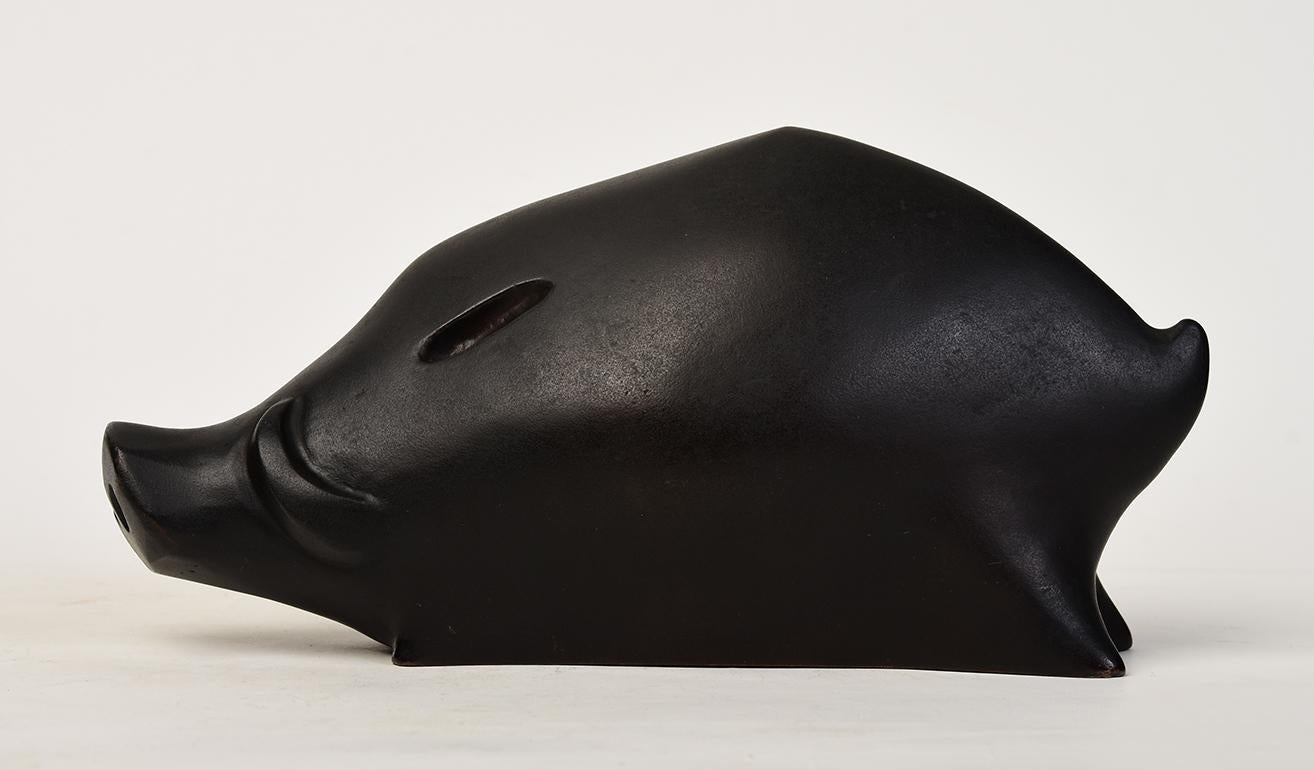 Hand-Carved 20th Century, Showa, Japanese Bronze Animal Boar with Artist Sign For Sale
