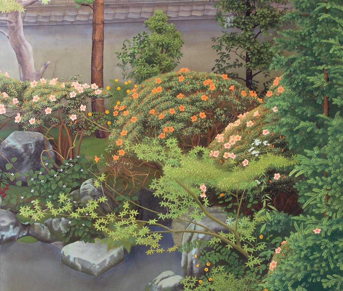 20. Jahrhundert Showa Periode Schöner Frühling Garten Faltwand Zwei Panels (Japanisch) im Angebot