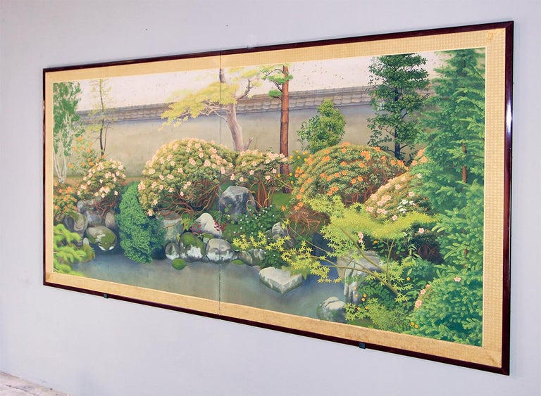 20th Century Showa Period Beautiful Spring Garden Folding Screen Two Panels In Good Condition For Sale In Brescia, IT