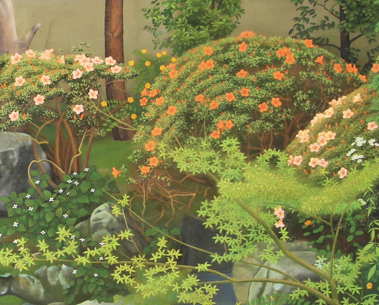 20. Jahrhundert Showa Periode Schöner Frühling Garten Faltwand Zwei Panels (Papier) im Angebot