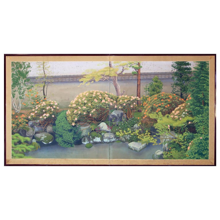 20th Century Showa Period Beautiful Spring Garden Folding Screen Two Panels For Sale