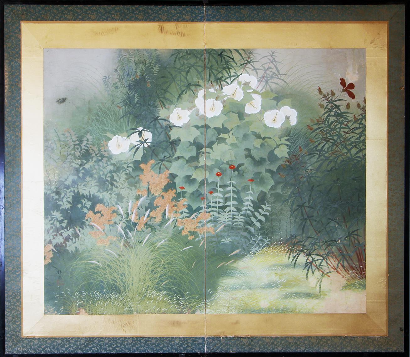 Orientalischer Frühlingsgarten: Auf Reispapier gemalter japanischer Zwei-Panel-Bildschirm aus der Showa-Periode.
