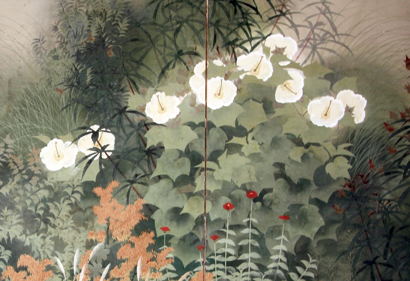 Japanese 20th Century Showa Period Garden Folding Screen Two Panels For Sale