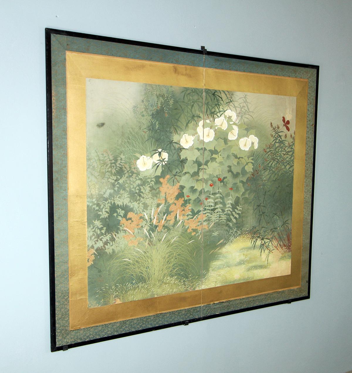 Paper 20th Century Showa Period Garden Folding Screen Two Panels For Sale
