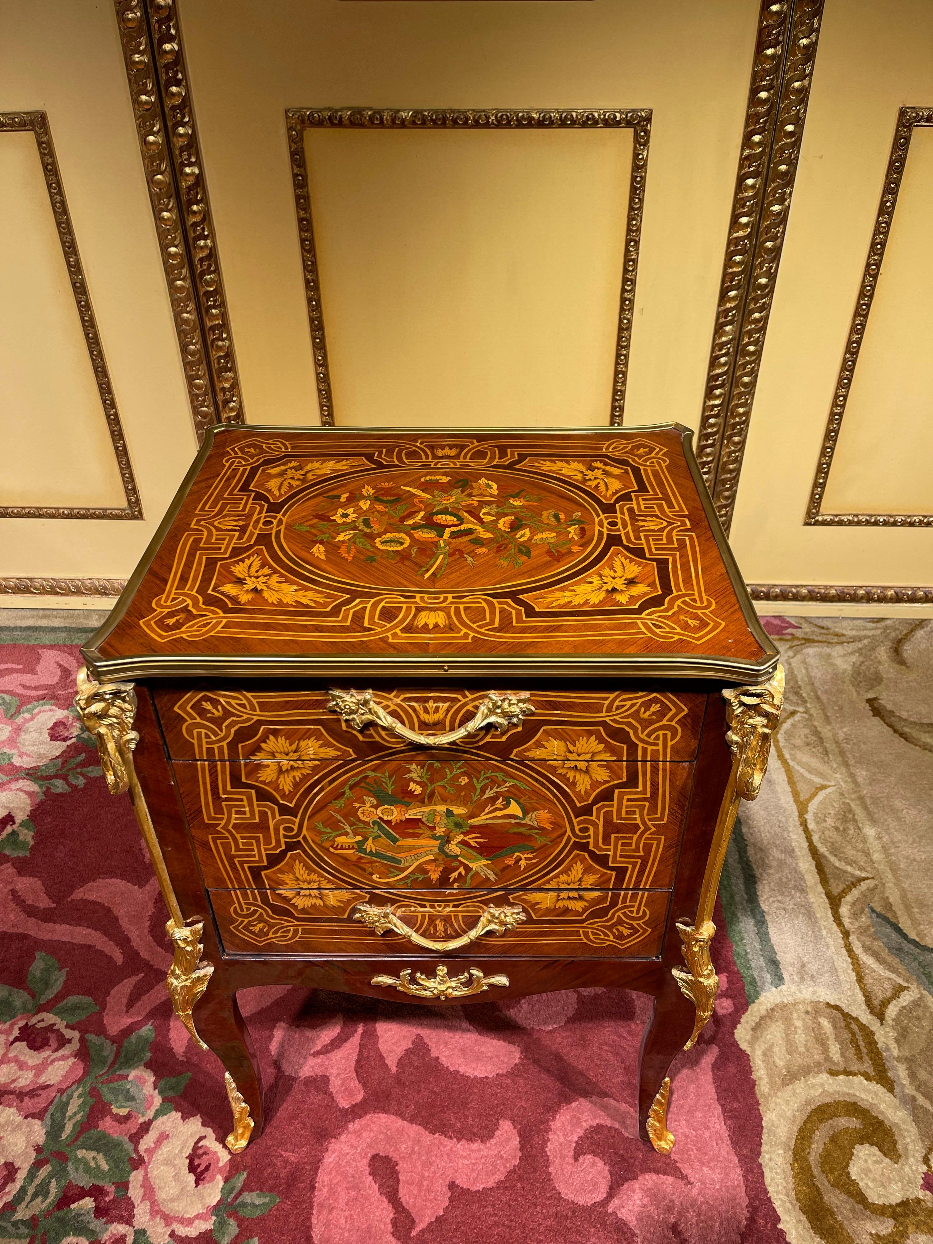 French 20th Century Side Table Chest of Drawers Napoleon III Marquetry For Sale