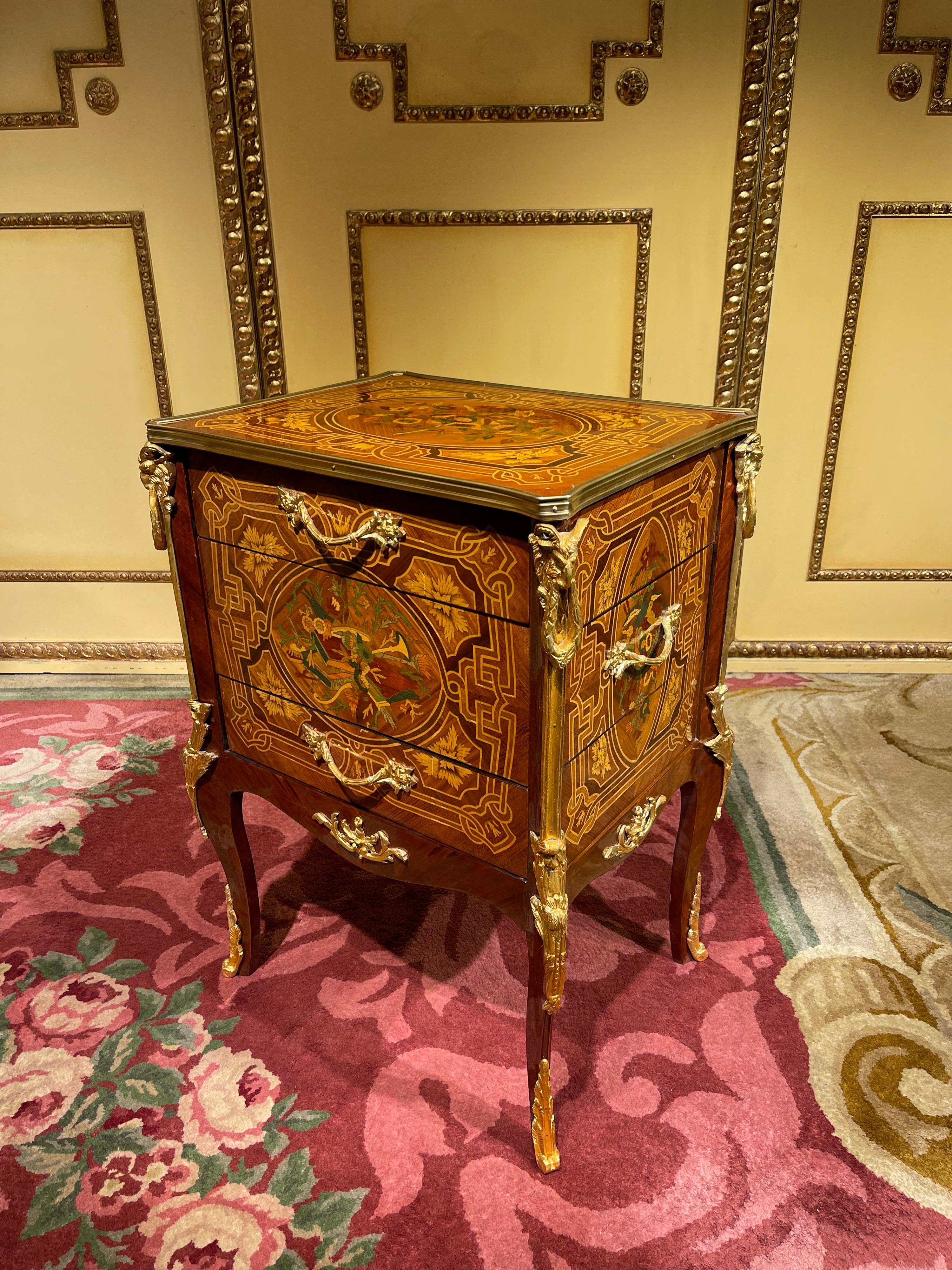 Brass 20th Century Side Table Chest of Drawers Napoleon III Marquetry For Sale