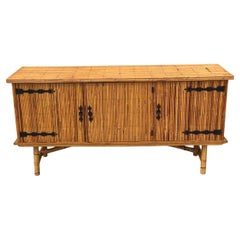 20th Century Sideboard in Split Bamboo and Wrought Iron Audoux Minet, 1950