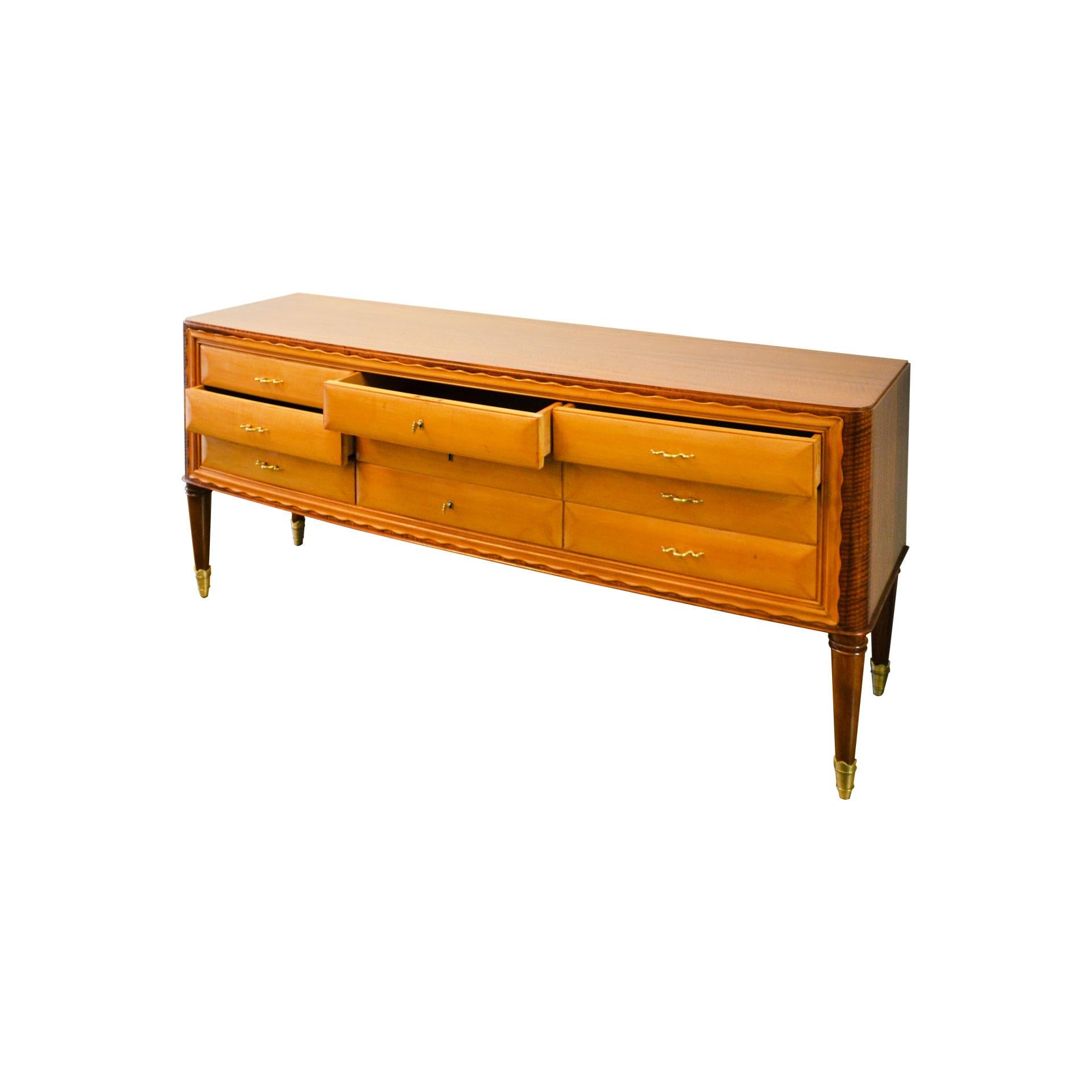 Mid-Century Modern 20th Century Sideboard with Drawers in the Style of Paolo Buffa Wood and Brass