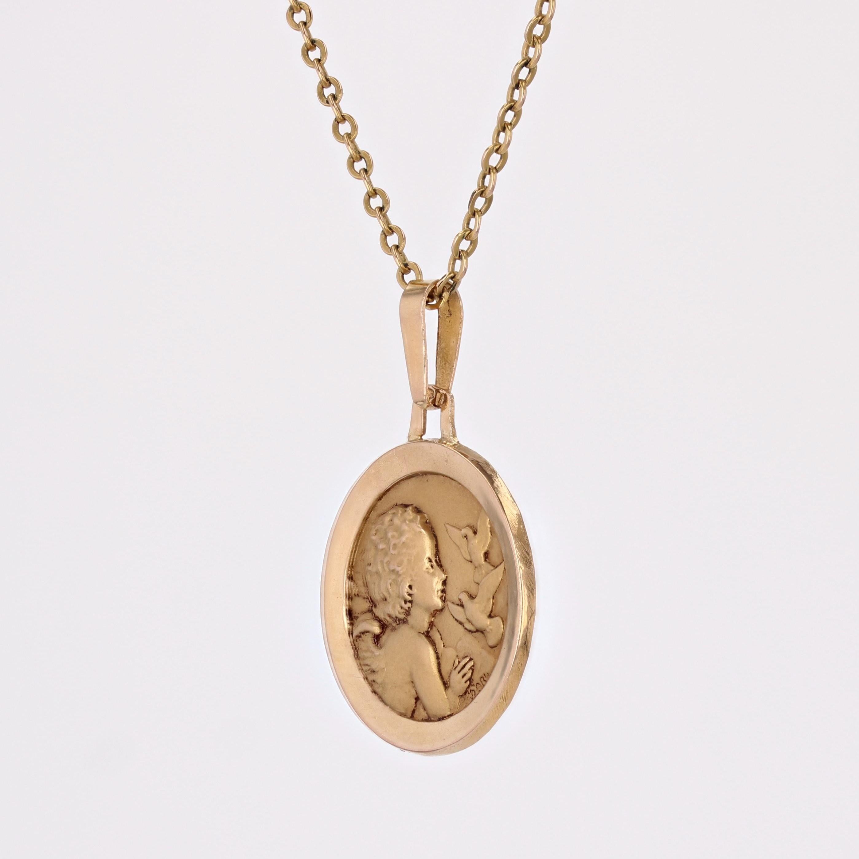 Women's or Men's 20th Century Signed C.Charl 18 Karat Rose Gold Angel and Dove Medal For Sale