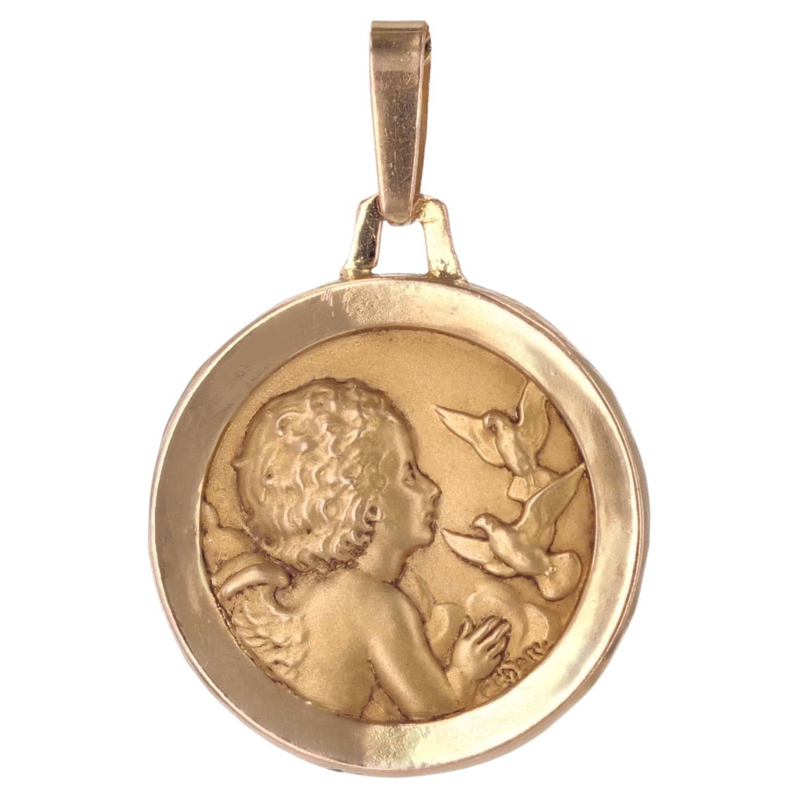 20th Century Signed C.Charl 18 Karat Rose Gold Angel and Dove Medal For Sale